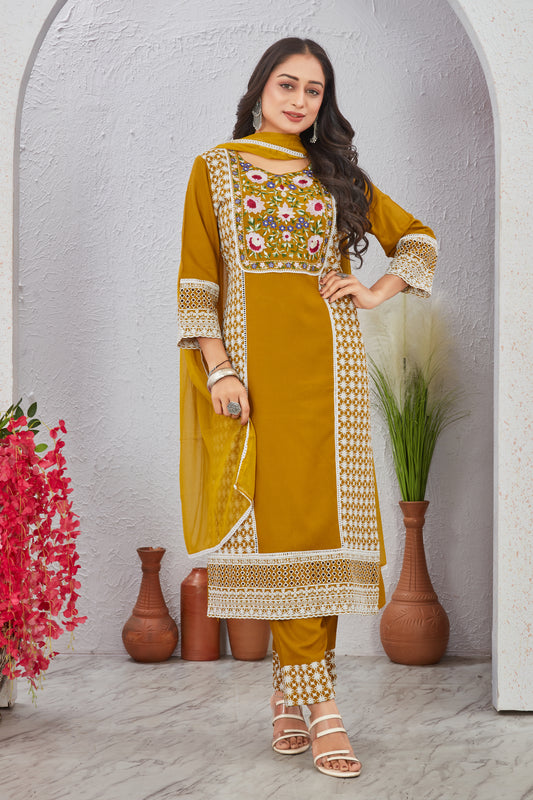 Yellow Schiffli Work Kurti Set with Dupatta for Women