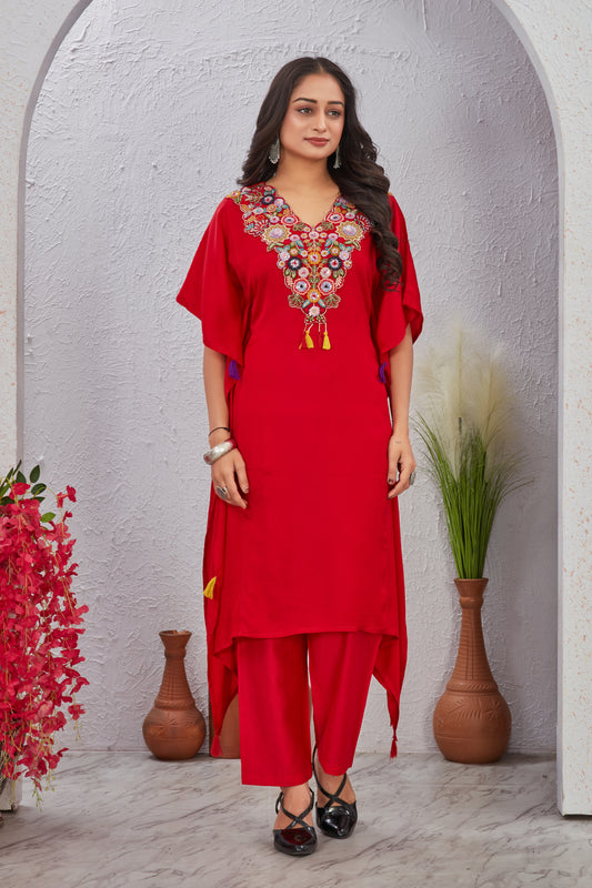 Red Maslin Modal Kaftan Kurti Set for Women