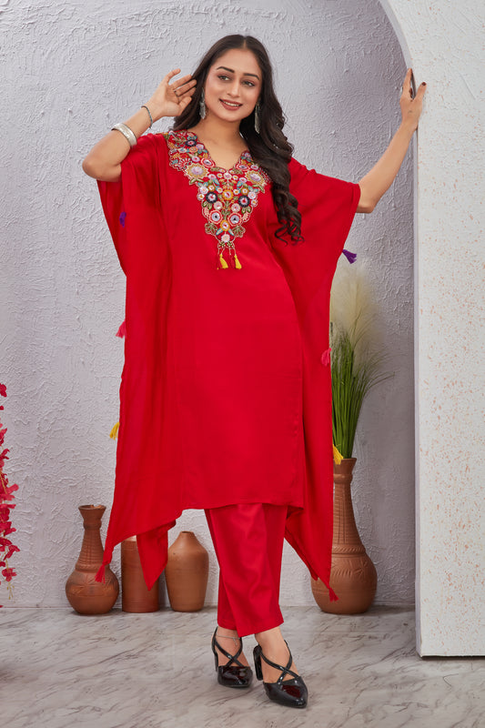 Red Maslin Modal Kaftan Kurti Set for Women