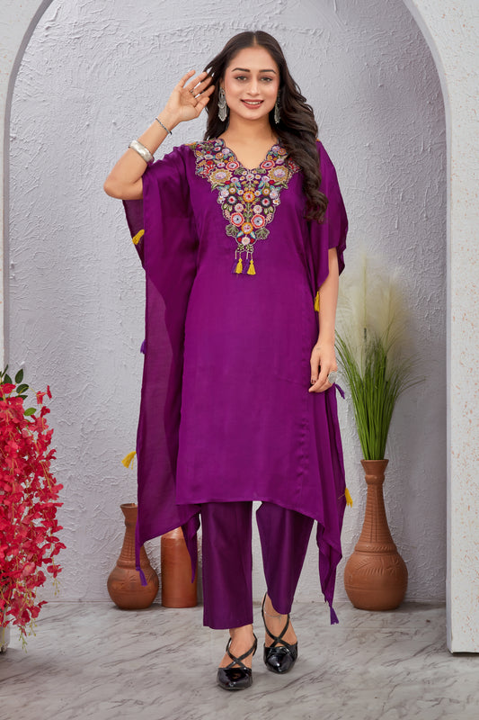 Purple Maslin Modal Kaftan Kurti Set for Women