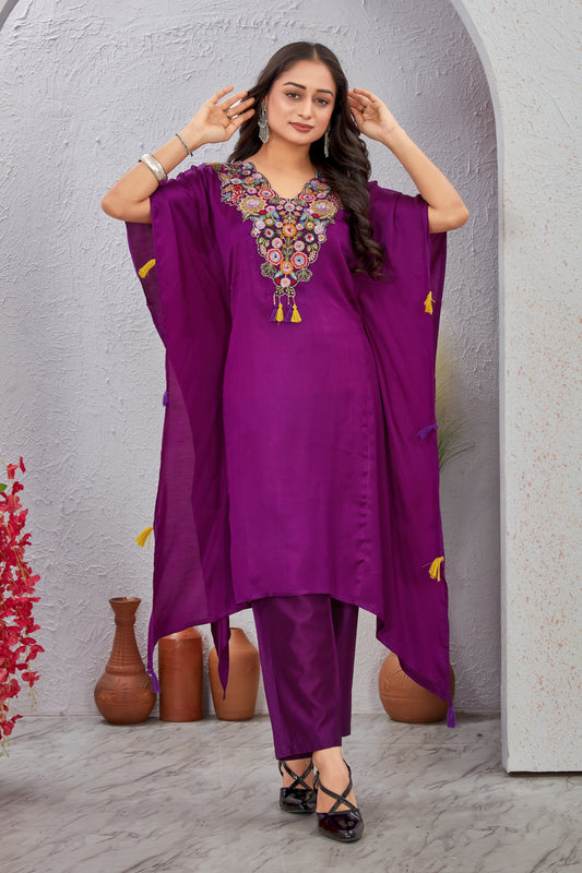 Purple Maslin Modal Kaftan Kurti Set for Women