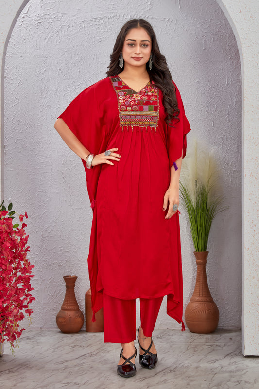 Red Maslin Modal Embroidered Kurti Set for Women