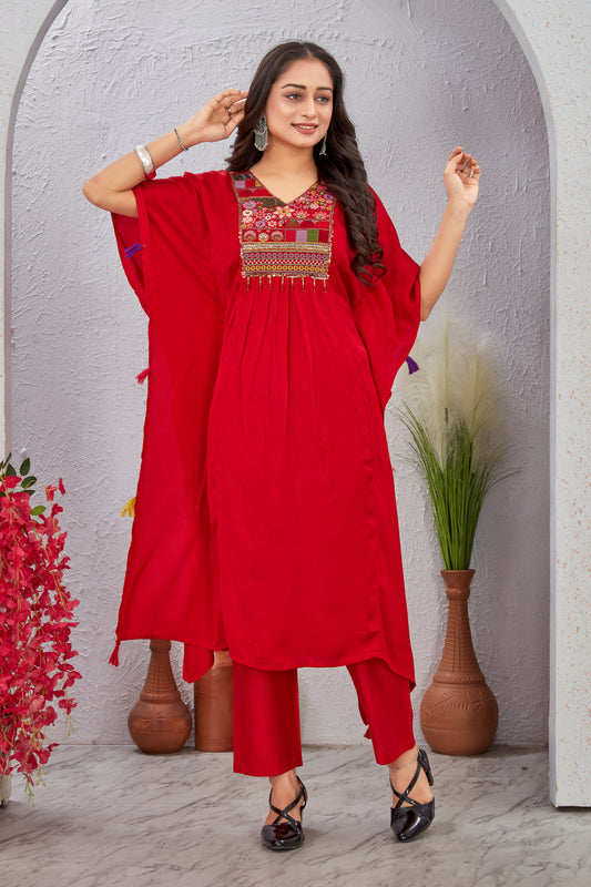Red Maslin Modal Embroidered Kurti Set for Women