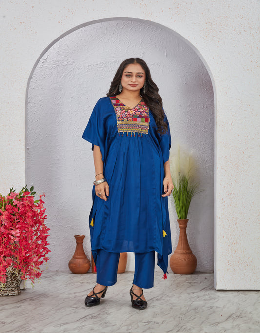 Blue Maslin Modal Embroidered Kurti Set for Women