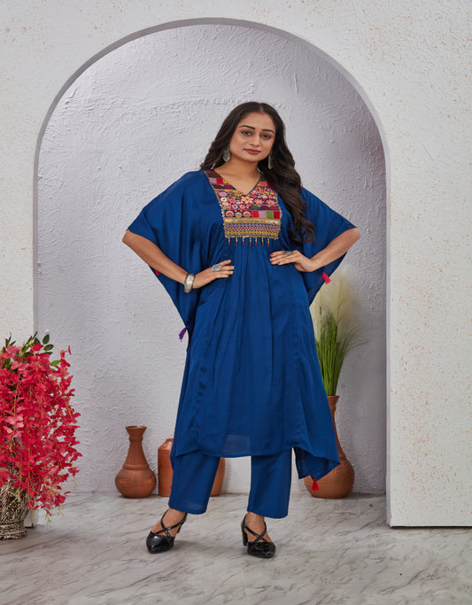 Blue Maslin Modal Embroidered Kurti Set for Women