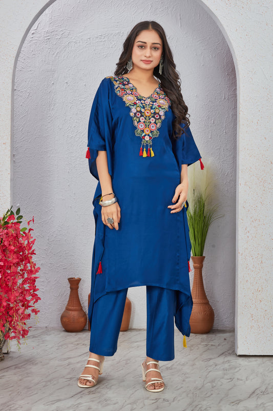 Blue Maslin Modal Kaftan Kurti Set for Women