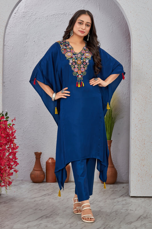 Blue Maslin Modal Kaftan Kurti Set for Women
