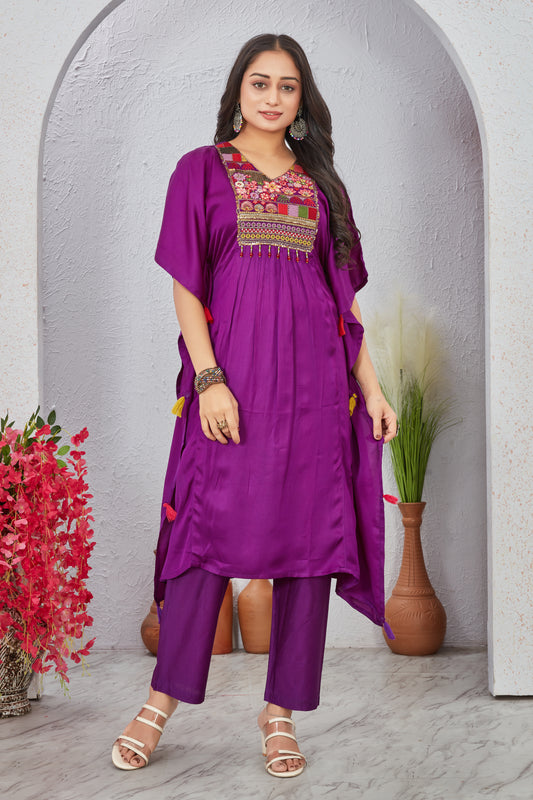 Purple Maslin Modal Embroidered Kurti Set for Women