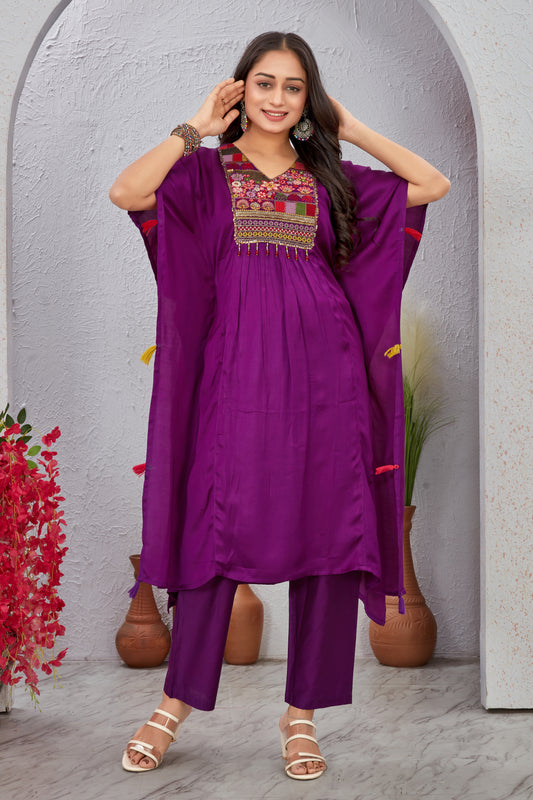 Purple Maslin Modal Embroidered Kurti Set for Women