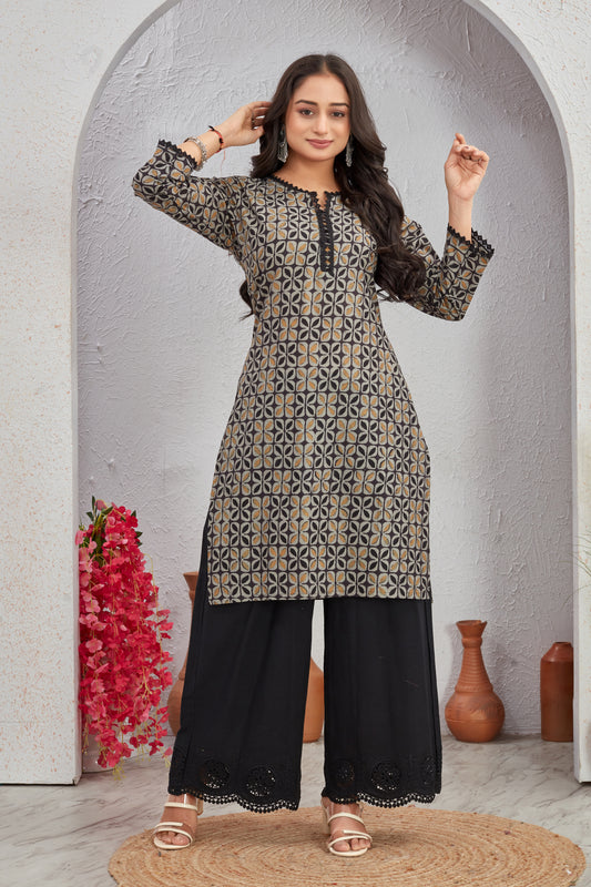 Ajrakh Printed Cotton Kurti Set with Crosio Lace & Schiffli Plazo