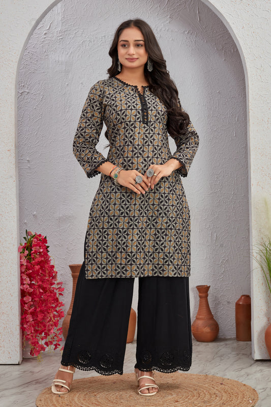 Ajrakh Printed Cotton Kurti Set with Crosio Lace & Schiffli Plazo