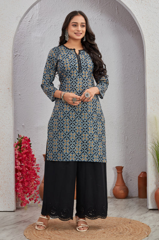 Ajrakh Printed Cotton Kurti Set with Crosio Lace & Schiffli Plazo