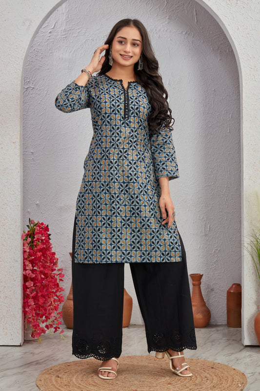 Ajrakh Printed Cotton Kurti Set with Crosio Lace & Schiffli Plazo