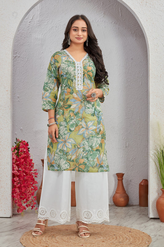 Floral Cotton Kurti Set with Crosio Lace & Schiffli Work Plazo