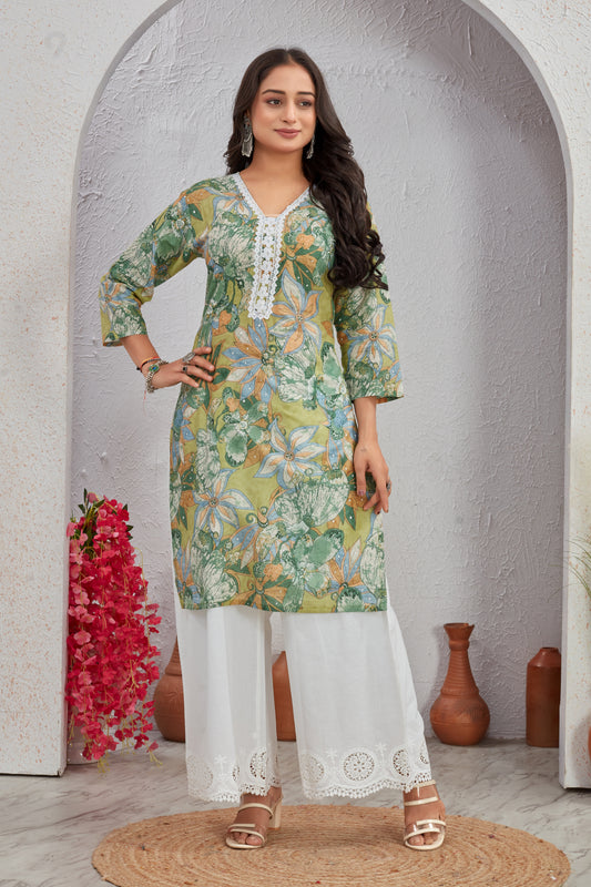 Floral Cotton Kurti Set with Crosio Lace & Schiffli Work Plazo