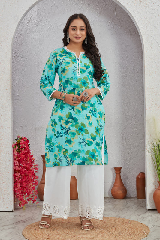 Pastel Bloom Cotton Kurti Set with Crosio Lace & Schiffli Embroidered Plazo