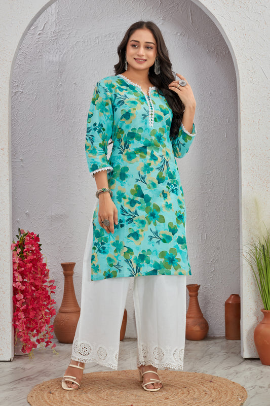 Pastel Bloom Cotton Kurti Set with Crosio Lace & Schiffli Embroidered Plazo