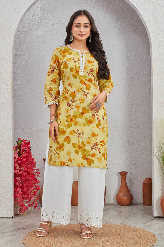 Pastel Bloom Cotton Kurti Set with Crosio Lace & Schiffli Embroidered Plazo
