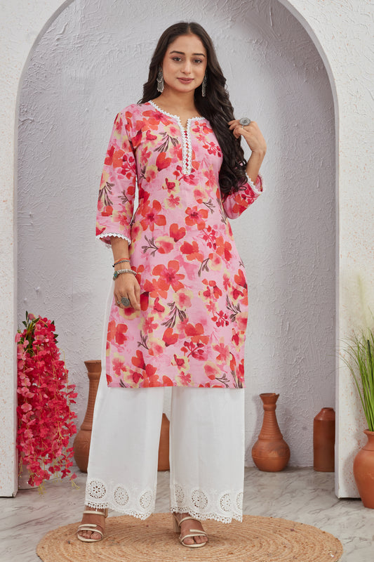 Pastel Bloom Cotton Kurti Set with Crosio Lace & Schiffli Embroidered Plazo