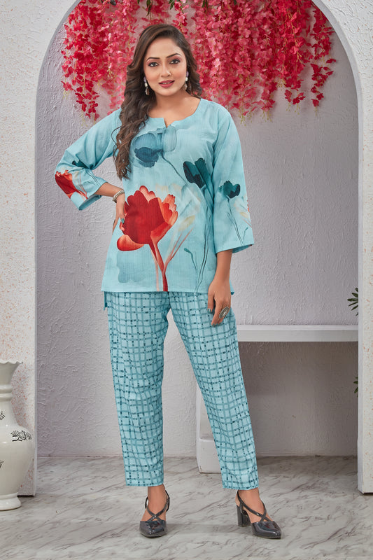 Light Blue Bloom Co-ord Set | Floral Comfort Wear
