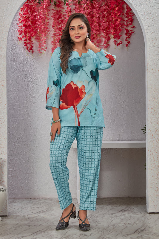 Light Blue Bloom Co-ord Set | Floral Comfort Wear