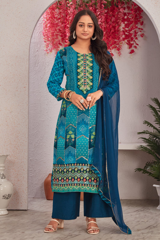 Blue Viscose Printed Kurti Set with Dupatta for Women