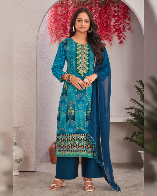 Blue Viscose Printed Kurti Set with Dupatta for Women