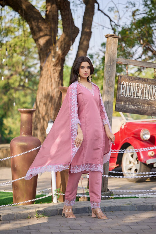 Women Roman Embroidered Kurta Pant Dupatta Set