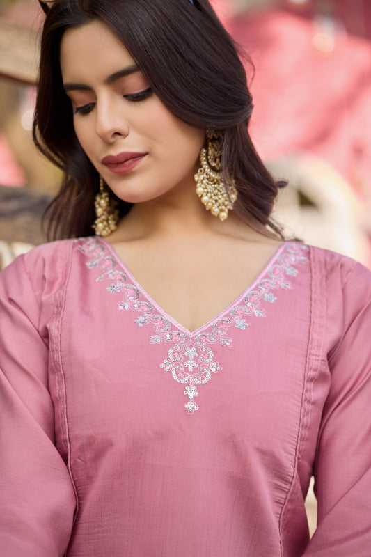 Women Roman Embroidered Kurta Pant Dupatta Set