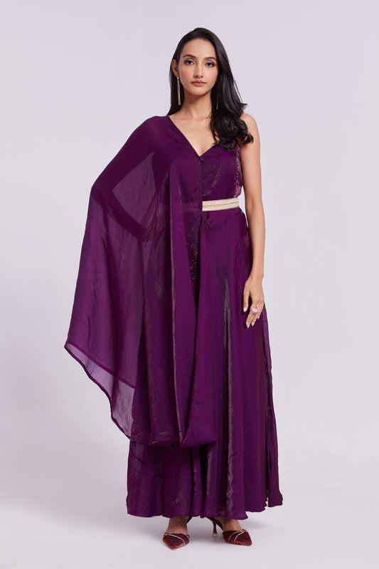 Purple One-Shoulder Embellished Gown in Crushed Organza