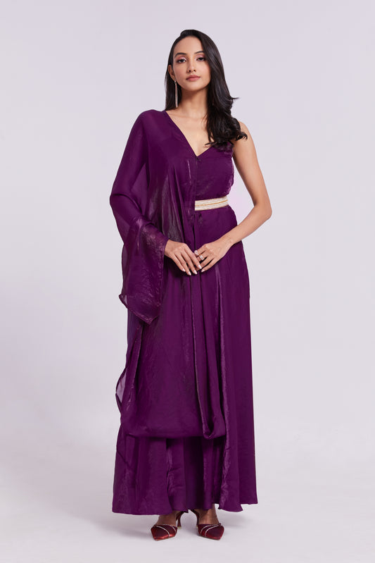 Purple One-Shoulder Embellished Gown in Crushed Organza