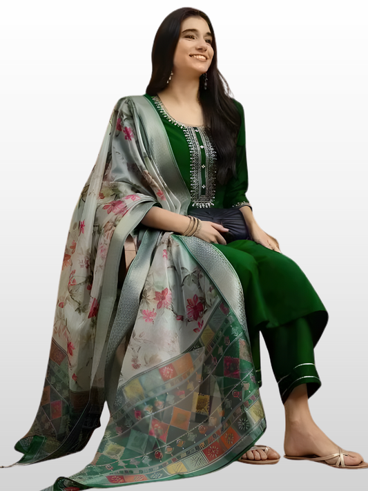 Elegant Green Rayon Kurta Set with Floral Printed Dupatta | 3-Piece Suit Set