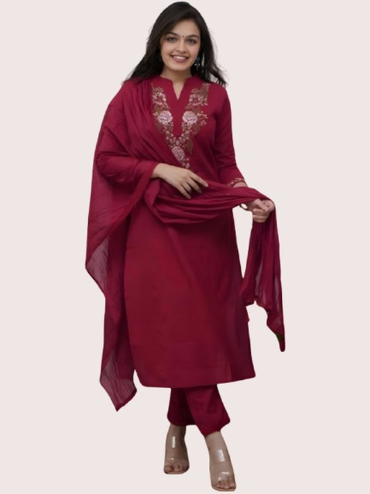 Premium Rayon Slub Floral Embroidery Suit Set with Nazmin Dupatta