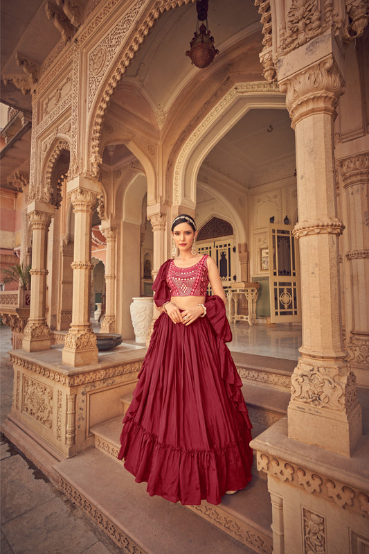 Designer Maroon Mirror Work Semi Stitched Lehenga With Unstitched Blouse & Dupatta