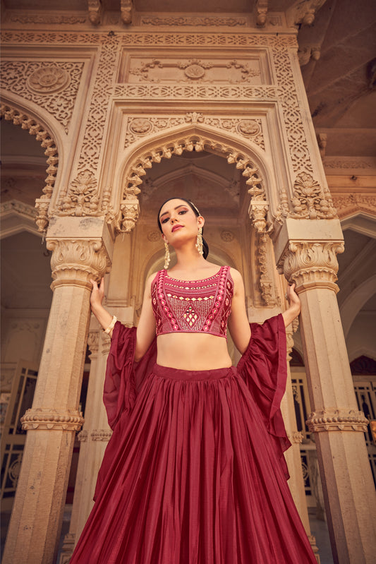Designer Maroon Mirror Work Semi Stitched Lehenga With Unstitched Blouse & Dupatta
