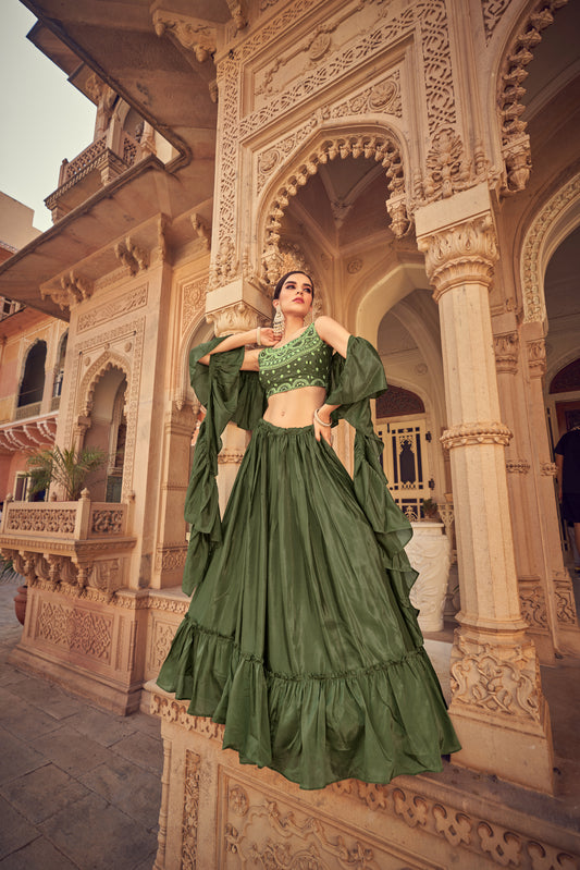 Designer Olive Mirror Work Semi Stitched Lehenga With Unstitched Blouse & Dupatta