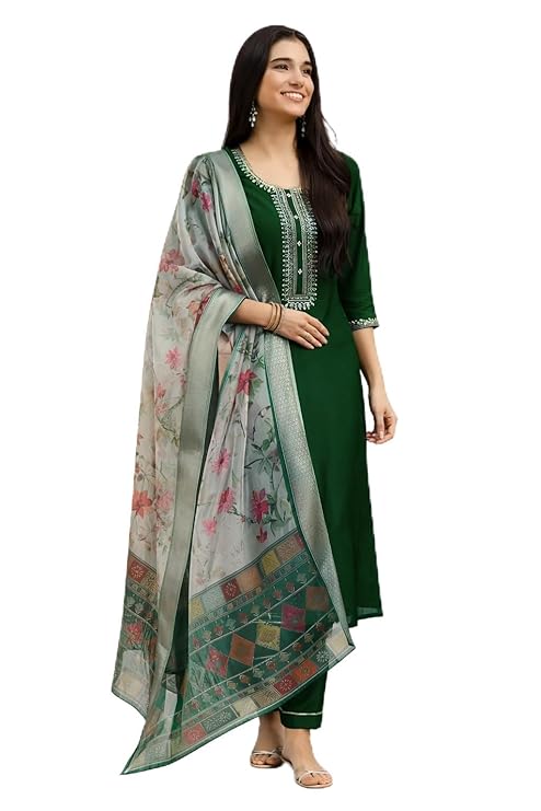 Elegant Green Rayon Kurta Set with Floral Printed Dupatta | 3-Piece Suit Set