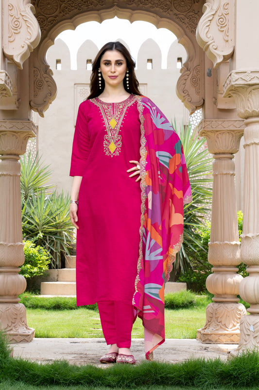 Women's SILK Embroidered Straight Kurta with Pant And NATURAL CRAP Printed Dupatta Sets