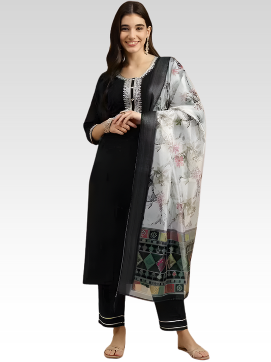 Women’s Black Magic Cotton Kurta Pant Set with Chanderi Digital Print Dupatta (3-Piece Set)