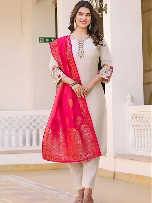 Rayon Slub Embroidered 3-Piece Suit with Woven Jacquard Dupatta
