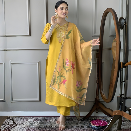 Classic Mustard Ethnic Kurta Set in Magic Cotton with Printed Chanderi Dupatta