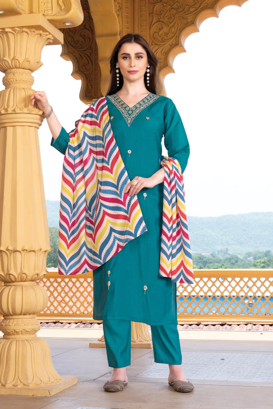 Women's Silk Embroidered Straight Kurta with Pant And Natural Crap Printed Dupatta Sets