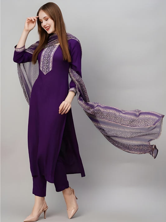 Stylish Women’s Purple Rayon Slub Kurta Pant Dupatta Set | Soft Rayon Fabric | Party & Daily Wear