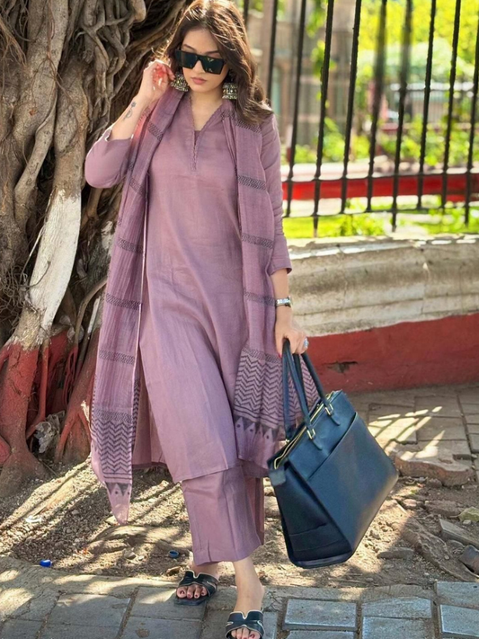 Stylish Dusty Mauve Ethnic Kurta Set with Printed Chanderi Dupatta – Office & Casual Wear