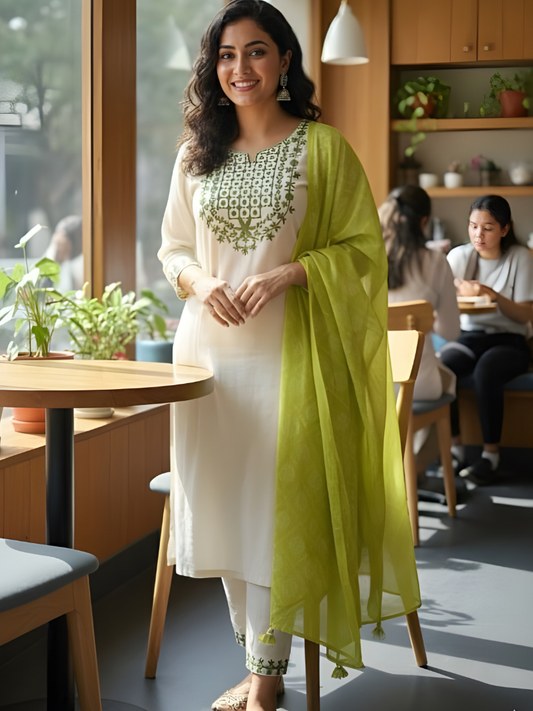 Rayon Slub Embroidered 3-Piece Suit with Digital Print Dupatta