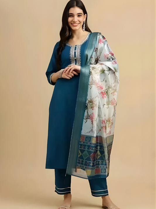 Teal Blue Magic Cotton Kurta Set with Digital Printed Chanderi Dupatta