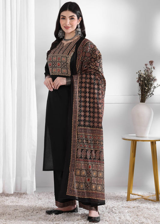 Women’s Reyon Slub Printed Kurta Pant Set with Chanderi Dupatta | Ethnic Suit Set for Women