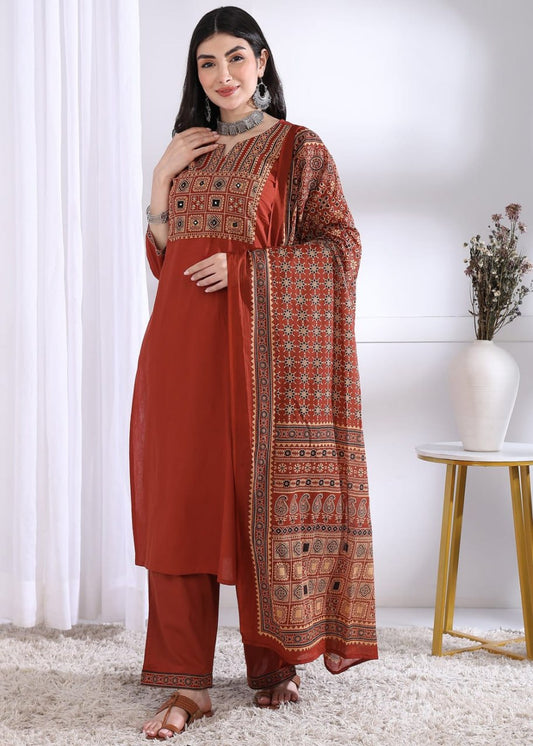 Women’s Reyon Slub Printed Kurta Pant Set with Chanderi Dupatta | Ethnic Suit Set for Women