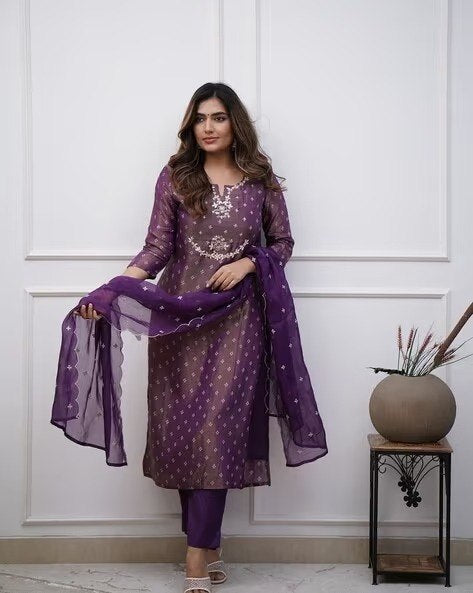 Royal Purple Silk Embroidered Kurta Pant Dupatta Set for Women | Festive Ethnic Wear with Tabby Dupatta