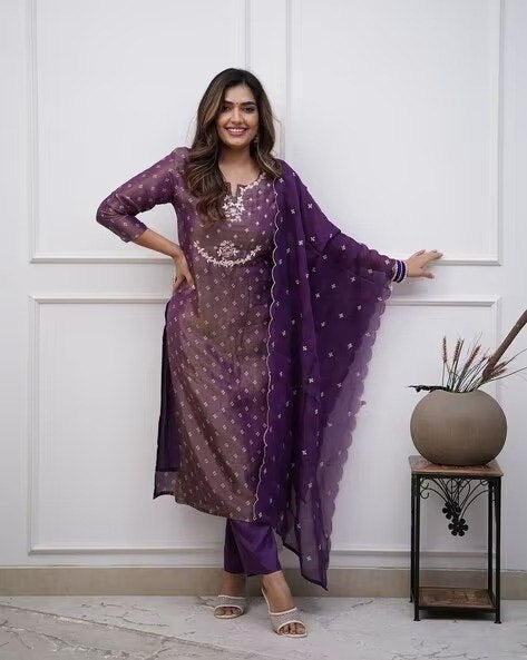 Royal Purple Silk Embroidered Kurta Pant Dupatta Set for Women | Festive Ethnic Wear with Tabby Dupatta